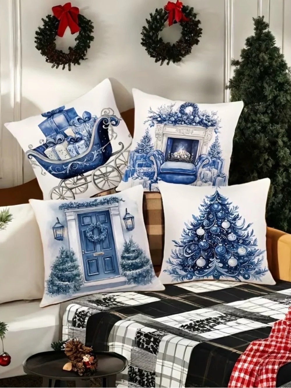 NWT-Blue Holiday Decorative Pillow Covers - Set of 4
